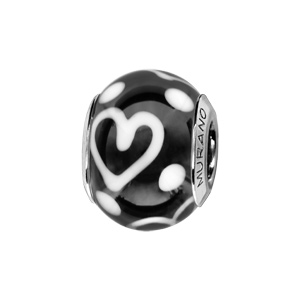 Charms Thabora en argent rhodié et verre de Murano véritable noir décoré de coeurs et de points blancs