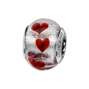 Charms Thabora en argent rhodié et verre de Murano véritable argenté avec petits coeurs rouges