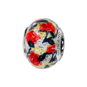 Charms Thabora en argent rhodié et verre de Murano véritable blanc et jaune pâle décoré de fleurs rouges à tiges noires