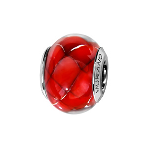 Charms Thabora en argent rhodié et verre de Murano véritable rouge décoré d’1 motif quadrillé