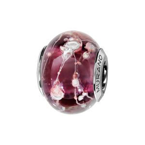Charms Thabora en argent rhodié et verre de Murano véritable violet orné de fils et gouttes blancs