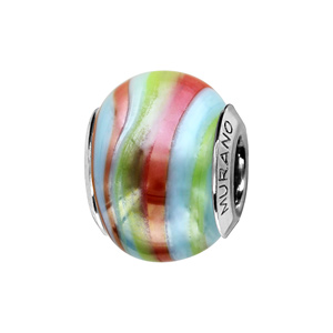 Charms Thabora en argent rhodié et verre de Murano véritable nacré rayé rouge orangé, vert et bleu