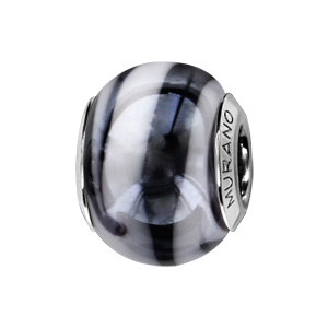 Charms Thabora en argent rhodié et verre de Murano véritable nacré zébré noir et blanc