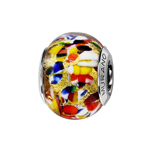 Charms Thabora en argent rhodié et verre de Murano véritable doré moucheté blanc, rouge, bleu foncé, vert et marron