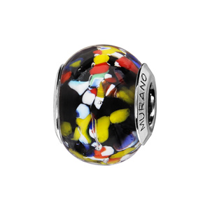 Charms Thabora en argent rhodié et verre de Murano véritable noir moucheté rouge, jaune, blanc, orange et bleu