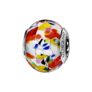 Charms Thabora en argent rhodié et verre de Murano véritable blanc moucheté rouge, rose, vert, bleu, jaune et orange