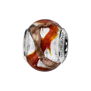 Charms Thabora en argent rhodié et verre de Murano véritable argenté avec 2 bandes en zig-zag, 1 rouge orangé et l’autre marron doré