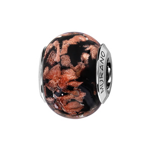 Charms Thabora en argent rhodié et verre de Murano véritable noir et volutes cuivré