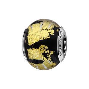 Charms Thabora en argent rhodié et verre de Murano véritable noir avec feuille dorée