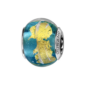 Charms Thabora en argent rhodié et verre de Murano véritable bleu ciel feuille dorée