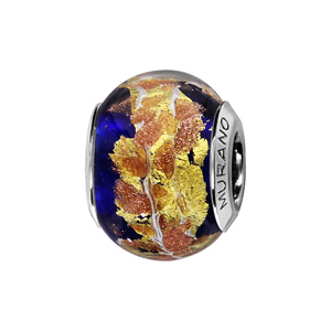 Charms Thabora en argent rhodié et verre de Murano véritable bleu foncé avec feuilles dorées et mouc