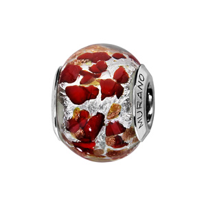 Charms Thabora en argent rhodié et verre de Murano véritable argenté moucheté cuivré et rouge