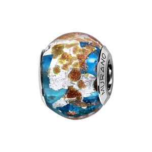 Charms Thabora en argent rhodié et verre de Murano véritable bleu clair avec feuilles argentées et moucheté cuivré