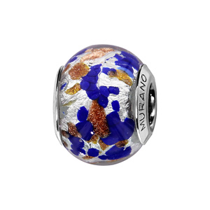 Charms Thabora en argent rhodié et verre de Murano véritable argenté moucheté cuivré et bleu foncé