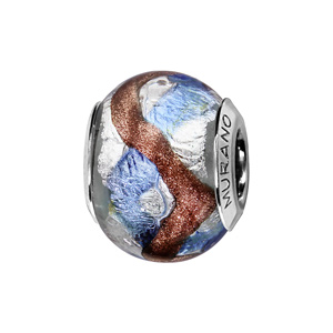 Charms Thabora en argent rhodié et verre de Murano véritable argenté avec 2 bandes en zig-zag, 1 bleu et l’autre cuivré
