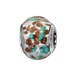 Charms Thabora en argent rhodié et verre de Murano véritable argenté argenté moucheté cuivré et bleu ciel