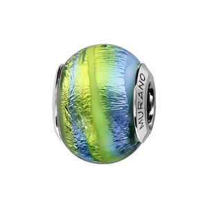 Charms Thabora en argent rhodié et verre de Murano véritable bleu ciel avec feuille argentée et zébrures jaunes