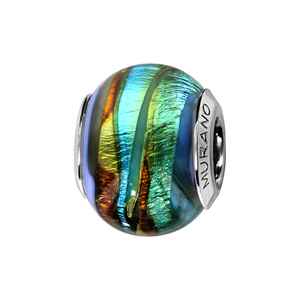 Charms Thabora en argent rhodié et verre de Murano véritable bleu rainuré vert, jaune et cuivré