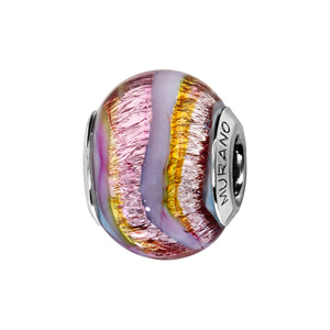 Charms Thabora en argent rhodié et verre de Murano véritable rose avec feuille argentée et zébrures violettes et jaunes
