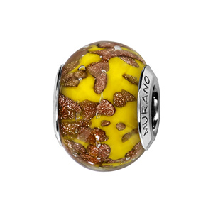 Charms Thabora en argent rhodié et verre de Murano véritable jaune moutarde moucheté cuivré