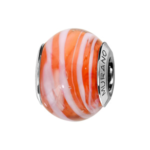 charms thabora en argent rhodié et verre de murano véritable orange zébré blanc