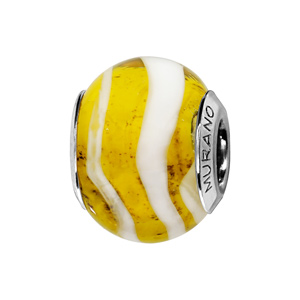 Charms Thabora en argent rhodié et verre de Murano véritable jaune avec zébrures blanches