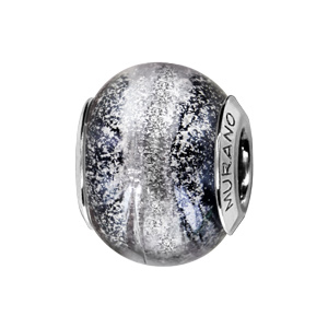 Charms Thabora en argent rhodié et verre de Murano véritable gris et noir argenté effet voie lactée