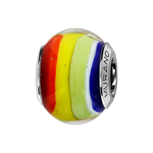 Charms Thabora en argent rhodié et verre de Murano véritable bandes bleue, blanche, verte, jaune, ro