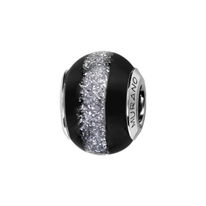 Charms Thabora en argent rhodié et verre de Murano véritable noir avec bande pailletée grise