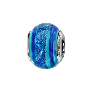 Charms Thabora en argent rhodié et verre de Murano véritable bandes bleu turquoise et bleu foncé avec paillettes