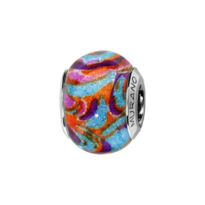 Charms Thabora en argent rhodié et verre de Murano véritable bleu ciel avec volutes de fumée violettes, oranges et roses pailleté