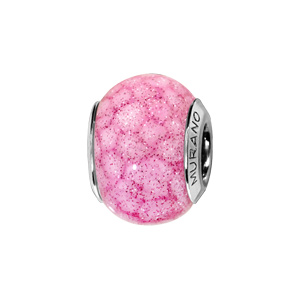 Charms Thabora en argent rhodié et verre de Murano véritable rose tacheté de rose plus clair pailleté