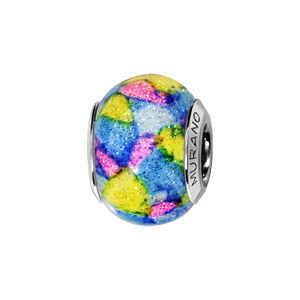 Charms Thabora en argent rhodié et verre de Murano véritable blanc décoré de taches roses, jaunes et bleues pailleté