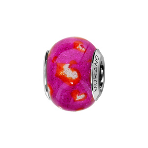 Charms Thabora en argent rhodié et verre de Murano véritable rose fushia avec taches blanches et rouges pailleté