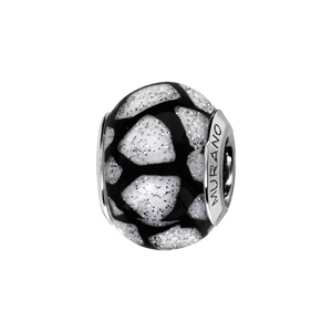 Charms Thabora en argent rhodié et verre de Murano véritable blanc avec quadrillage asymétrique noir et paillettes