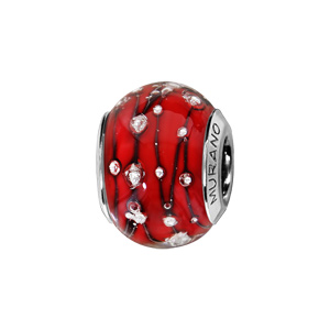Charms Thabora en argent rhodié et verre de Murano véritable rouge orné de fils et gouttes noirs et argentés