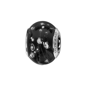 Charms Thabora en argent rhodié et verre de Murano véritable noir orné de fils et gouttes argentés