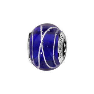 Charms Thabora en argent rhodié et verre de Murano véritable bleu foncé avec filets argentés