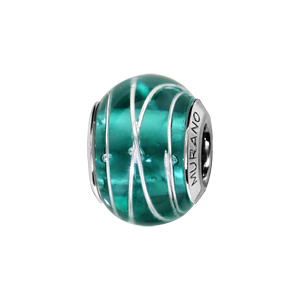 Charms Thabora en argent rhodié et verre de Murano véritable bleu-vert avec filets argentés