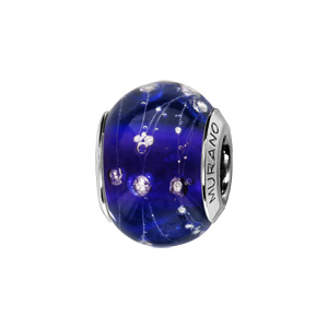 Charms Thabora en argent rhodié et verre de Murano véritable bleu foncé orné de fils et gouttes blancs