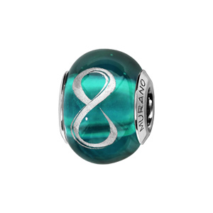 charms thabora en argent rhodié et verre de murano véritable bleu-vert avec symbole infini argenté