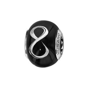 Charms Thabora en argent rhodié et verre de Murano véritable noir avec symbole infini argenté
