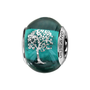 Charms Thabora en argent rhodié et verre de Murano véritable bleu-vert avec arbre de vie argenté