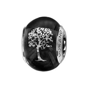 charms thabora en argent rhodié et verre de murano véritable noir avec arbre de vie argenté