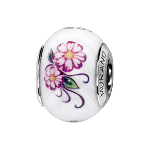 Charms Thabora en argent rhodié et verre de Murano véritable blanc avec fleurs violettes