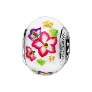 Charms Thabora en argent rhodié et verre de Murano véritable blanc avec fleurs tropicales roses et violettes