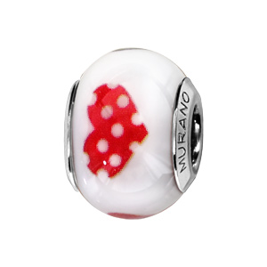 Charms Thabora en argent rhodié et verre de Murano véritable blanc avec coeurs roses mouchetés blancs
