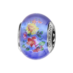 Charms Thabora en argent rhodié et verre de Murano véritable bleu avec fleur rouges et jaunes