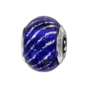 Charms Thabora en argent rhodié et verre de Murano véritable bleu foncé strié argenté