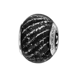 Charms Thabora en argent rhodié et verre de Murano véritable noir strié argenté